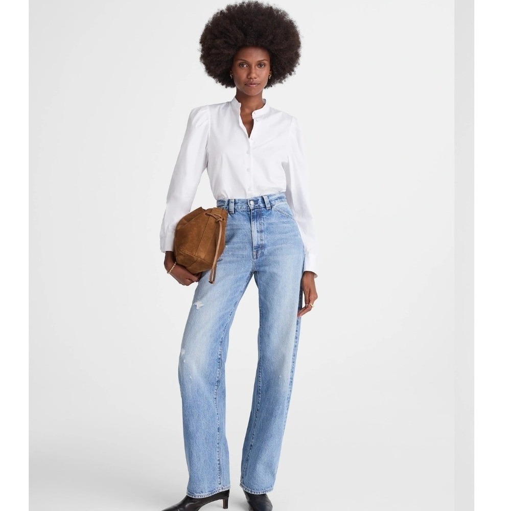 Madewell Puff Sleeve‎ Button Down Band Collar Shirt White Cotton Poplin Blouse S - Picture 13 of 13